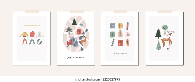Collection of Christmas greeting cards with xmas decor, Santa Claus, tree, animals, gifts, map. Winter season cute holiday posters. Vector abstract illustration in doodle hand drawn flat style