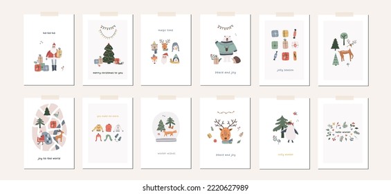 Collection of Christmas greeting cards with xmas decor, Santa Claus, tree, animals, gifts, map. Winter season cute holiday posters. Vector abstract illustration in doodle hand drawn flat style