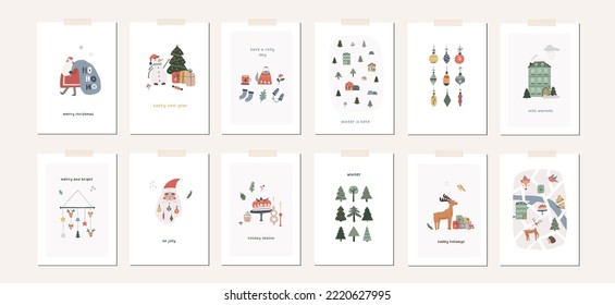 Collection of Christmas greeting cards with xmas decor, Santa Claus, tree, animals, gifts, map. Winter season cute holiday posters. Vector abstract illustration in doodle hand drawn flat style