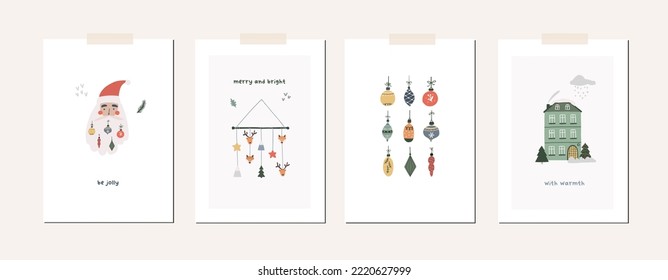 Collection of Christmas greeting cards with xmas decor, Santa Claus, tree, animals, gifts, map. Winter season cute holiday posters. Vector abstract illustration in doodle hand drawn flat style