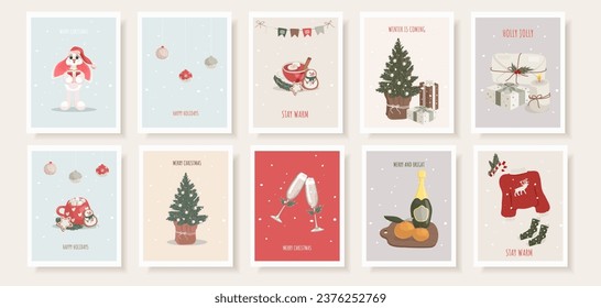 Collection of Christmas greeting cards with xmas decor, gingerbread, tree, wineglass, gifts. Winter season cute holiday posters. Vector abstract illustration in doodle hand drawn flat style