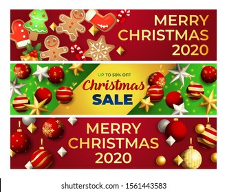 Collection of Christmas greeting flyers. Holiday concept. Vector. Decorations and confetti on colourful background. Illustration can be used for posters, leaflets, announcements