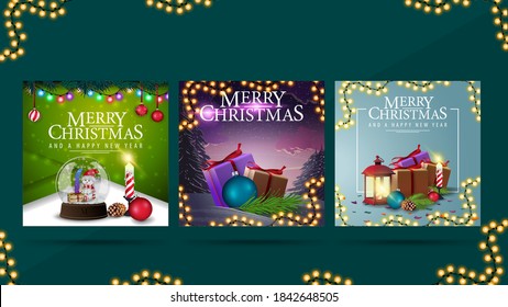 Collection of Christmas greeting square postcards with Christmas presents, garlands, winter landscape on background and Christmas treee branches.