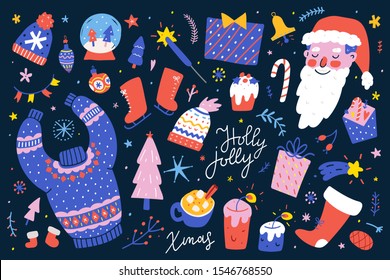 Collection of christmas hand drawn vector isolated illustrations. Colored winter symbols in doodle cartoon style, christmas greeting card creator, sweater and knit hats with ornaments, santa claus.