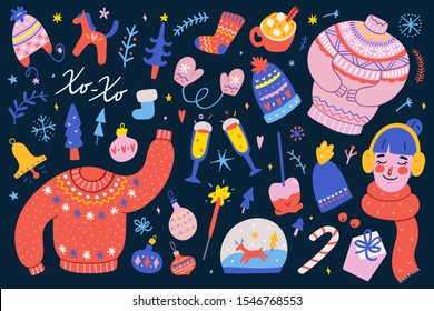 Collection of christmas hand drawn vector isolated clip arts. Colorful doodle cartoon illustrations, christmas card creator, sweater and knit hats with ornaments, decorations and champagne glasses.