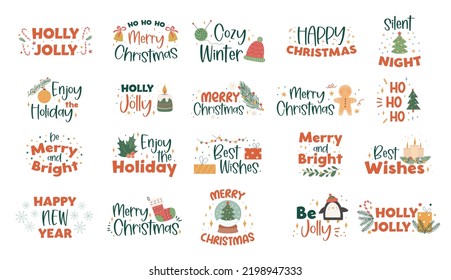 Collection of Christmas handwritten lettering with hand drawn holiday decorations - holly leaves, light garland, candles, knitted socks, bells and gifts.