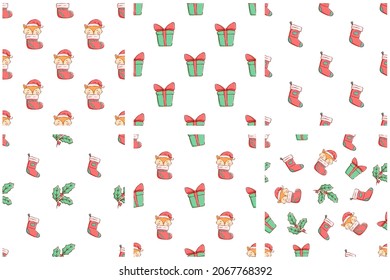 Collection of Christmas and Happy New Year icons in seamless patterns. Hand drawing style. Vector design template.