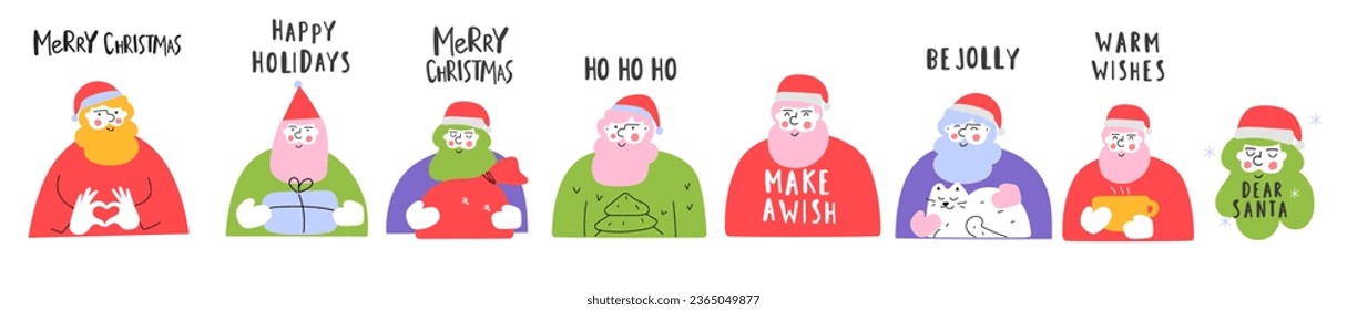 Collection for Christmas and Happy New Year. Funny Santa's avatars. Modern flat design. Hand drawn vector illustrations on white background.