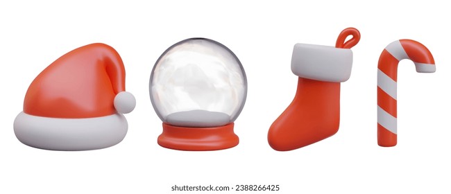 Collection with Christmas hat, glass snow ball on red rack, sock for gifts and realistic candy cane. Traditional Christmas elements. Vector illustration in 3d style