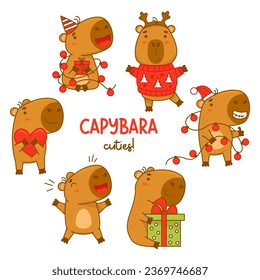 Collection Christmas holiday cute capybaras with New Years garland, heart, gift and in knitted sweater. Vector illustration. Isolated Funny animal character capibara rodent for design, kids collection