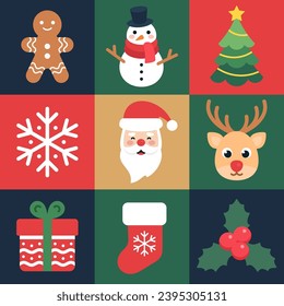 Collection of Christmas holiday cute flat style vector icons