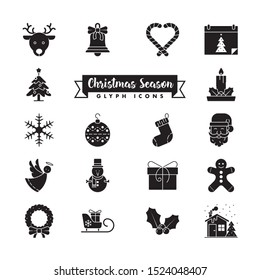 Collection of Christmas Holidays glyph style icons. Festive winter season vector symbols set.