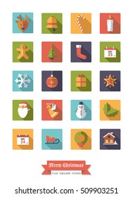 Collection of Christmas Holidays and winter season flat design long shadow icons in squares