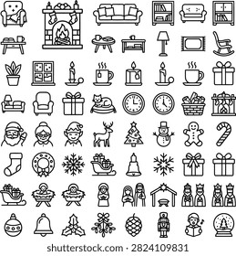 A collection of Christmas and home interior themed line art icons arranged in a grid pattern.