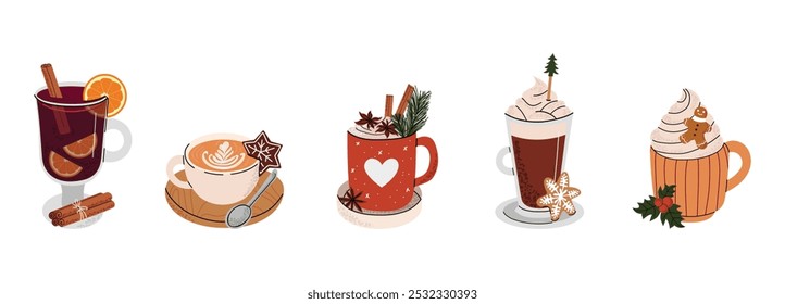 Collection of Christmas hot drinks. Coffee, lattes, cappuccinos, mulled wine decorated with Christmas details. Cute winter cups. Flat illustration on white isolated background.