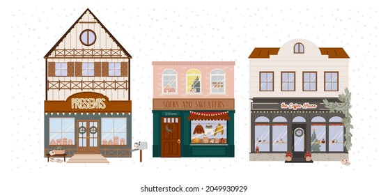 Collection of Christmas houses with store front and holidays decoration. Perfect for greeting cards, prints, posters. Editable Vector illustration.