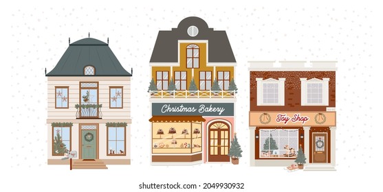 Collection of Christmas houses with store front and holidays decoration. Perfect for greeting cards, prints, posters. Editable Vector illustration.