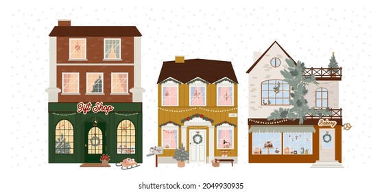 Colección de casas navideñas con decoración de tiendas y fiestas. Perfecto para tarjetas de felicitación, impresiones, carteles. Ilustración del vector modificable.