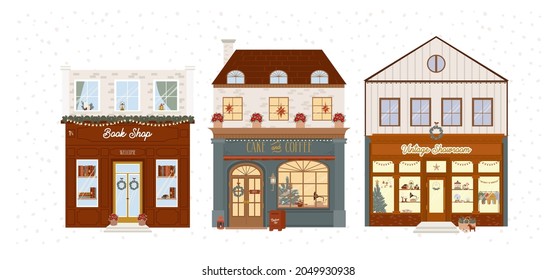 Collection of Christmas houses with store front and holidays decoration. Perfect for greeting cards, prints, posters. Editable Vector illustration.