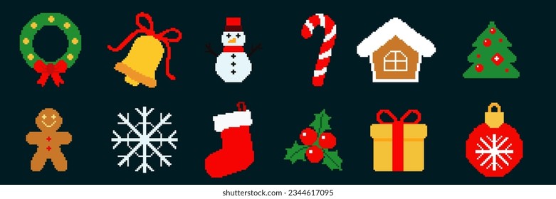 Collection of Christmas icon in pixel art style. Pixel Christmas icon. Pixel art Christmas elements clip art pack. Vector illustration.