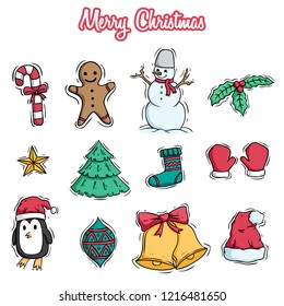 collection of christmas icons or decoration with colored doodle style