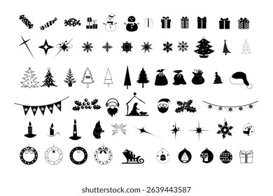 Collection of Christmas Icons and Decorations Elements with black color, interior design, various Christmas tree shapes, other Christmas decorations.