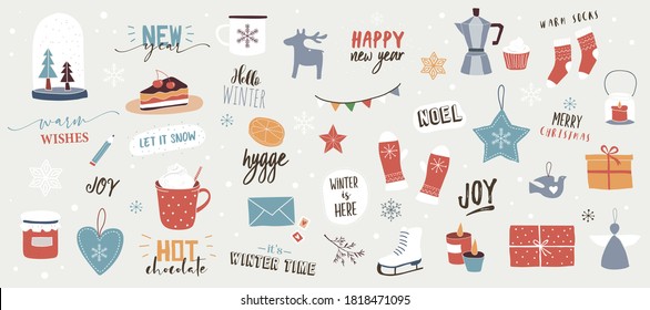 Collection of Christmas icons - decorations, holiday gifts, winter knitted clothes, ginger bread, trees, gifts. Colorful vector illustration in flat cartoon style. Scandinavian Hygge concept design.