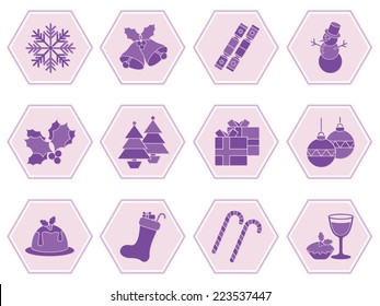 Collection of christmas icons depicting snowflakes, snowman, christmas food, drink and decorations in a hexagonal format