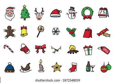 Collection of  Christmas icons in drawing style isolated on white, snowflakes, hats, star, Christmas tree, balls, orange, sock, gift, drink and garlands. Vector icons for business and holidays.