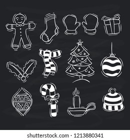 collection of christmas icons or elements with doodle style on blackboard background