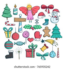 collection of christmas icons or elements with doodle style