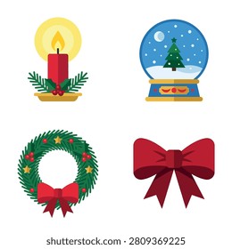 A collection of Christmas icons featuring a lit candle, snow globe with tree, festive wreath with bow and red ribbon bow.