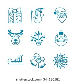 Collection Christmas icons with gift, snowman, Santa Claus, reindeer,  Christmas tree,  Christmas ball, bell, sleigh and  snowflake. 