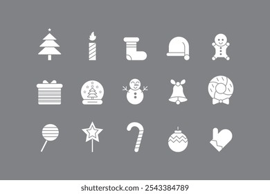 Collection of Christmas icons. Holiday events. Christmas icons in white with editable gray background.