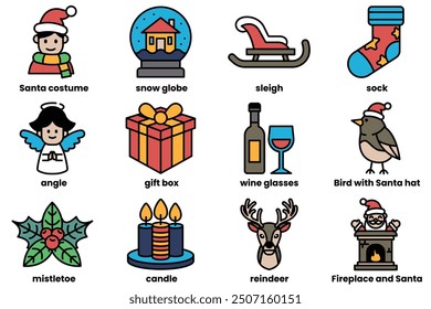 A collection of Christmas icons including Santa, snow globe, sleigh, reindeer, and a bird