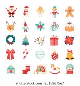 A collection of Christmas icons including Santa, angel, elf, reindeer, gingerbread man, and a Christmas tree