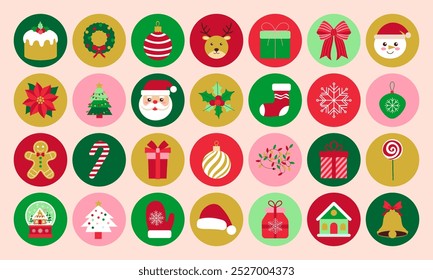 A collection of Christmas icons including Santa Claus, Christmas trees, and presents. The icons are arranged in a grid on a pink background