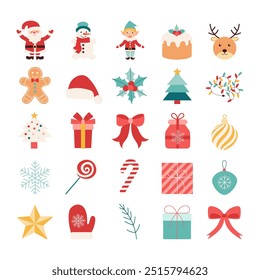 A collection of Christmas icons including a snowman, elf, gingerbread man, candy cane, and a tree