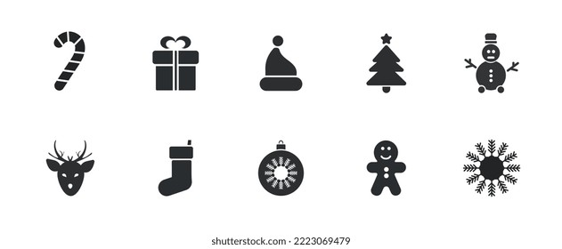 Collection of Christmas icons on white background.