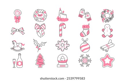 collection of Christmas icons with pink filling