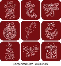 Collection of Christmas icons. Red buttons with symbols - gift, angel, ball and tree.