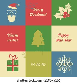 collection of christmas icons and slogans in retro design vector background