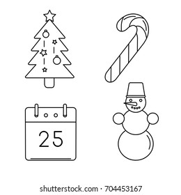 Collection of Christmas icons in thin line style. Fir tree, calendar, candy cane, snowman