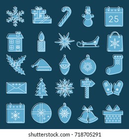 Collection of Christmas icons in thin line style. 25 Christmas and New Year graphic symbols on blue background.