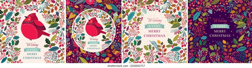 Collection of Christmas illustrations with bullfinch and leaves