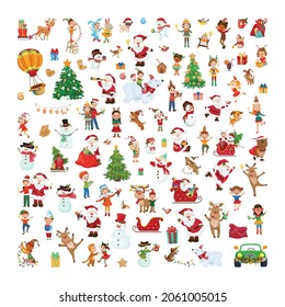 Collection of Christmas illustrations in cartoon style. Characters and New Year's elements for cards, stickers, web designs.