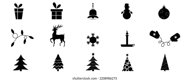 Collection of Christmas illustrations. Contours and silhouettes. Christmas tree, snowman, garland, deer.