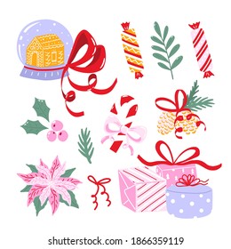 Collection of Christmas illustrations. Set of winter holiday clipart isolated on white background