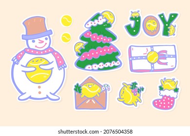 Collection of Christmas illustrations for tennis. Holiday vector clipart for greeting card, t-shirt and poster, tree, gift, snowman, tennis ball. New Year stickers.