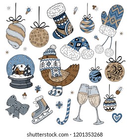 Collection of Christmas images. Hand drawing. Vector objects: Christmas balls, mittens, chicken, champagne, etc.